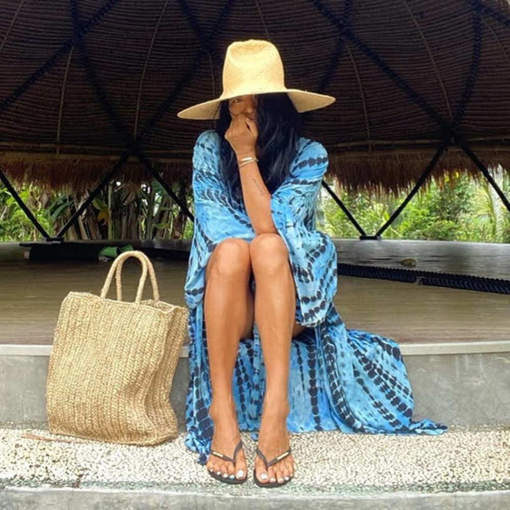 Boho Tie Dye Blue Beach Swim Coverup Maxi Duster Front Tie Flowy Ombre Pockets - Picture 2 of 12